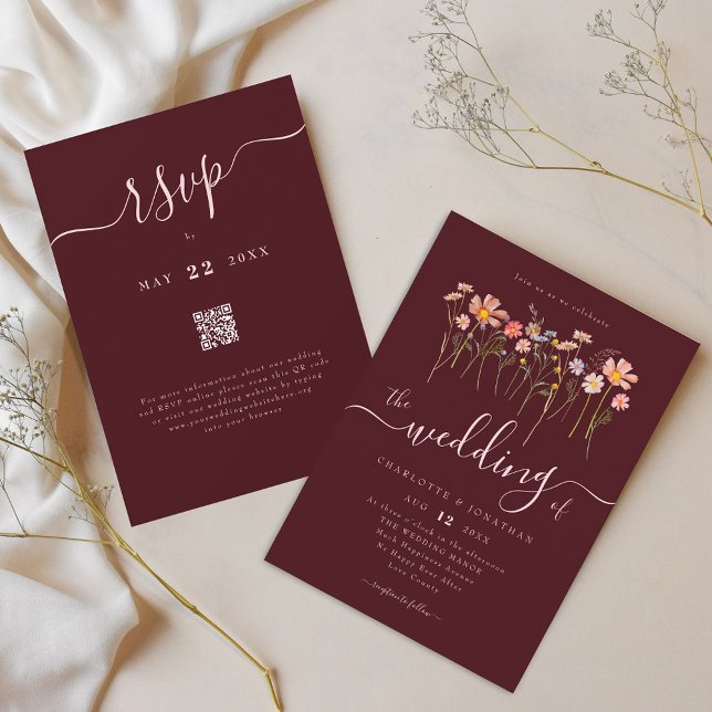 Wildflower Burgundy Blush Pink Wedding QR code Einladung (Wildflower boho floral burgundy blush pink wedding qr code invitation Whimsical script and flowers)