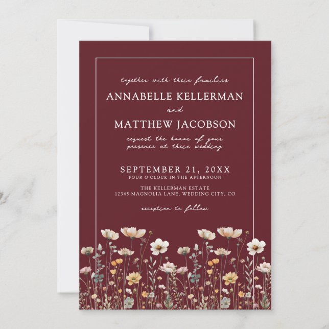 Wildflower Burgundy Floral Wedding Einladung (Vorderseite)