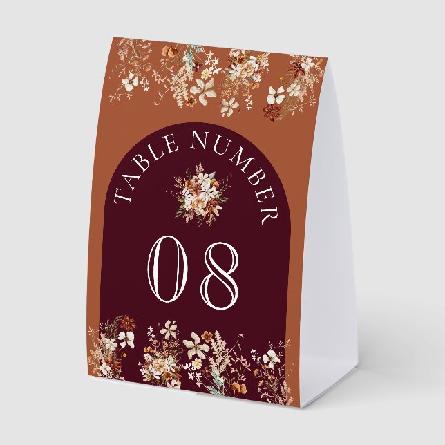Wildflower Burgundy Wedding Table Number Tischaufsteller (Vorderseite)