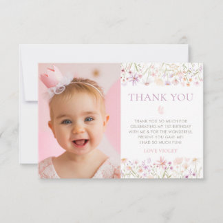 Wildflower Butterfly Girls 1st Birthday Photo Dankeskarte