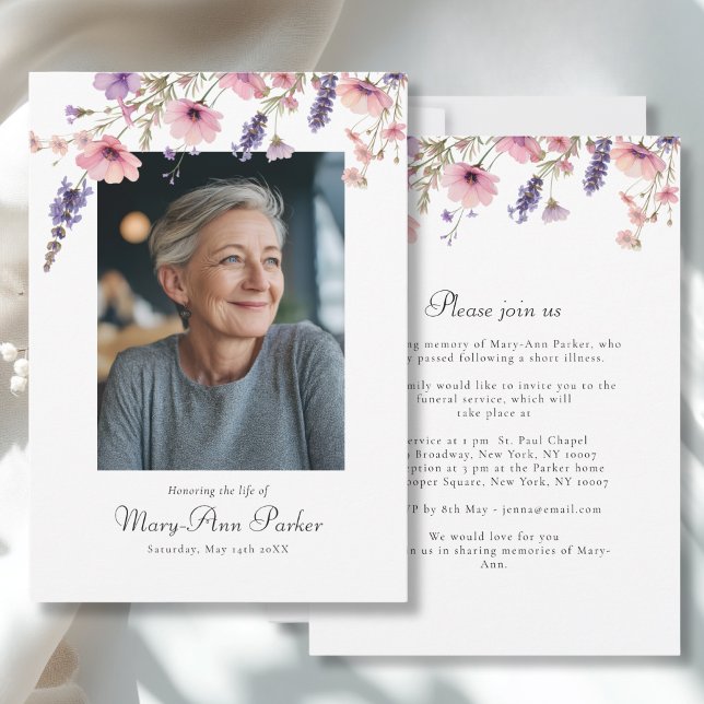 Wildflower "Celebration of Life" Photo Funeral  Einladung (Wildflower "Celebration of Life" Photo Funeral White Purple Pink Invitation)