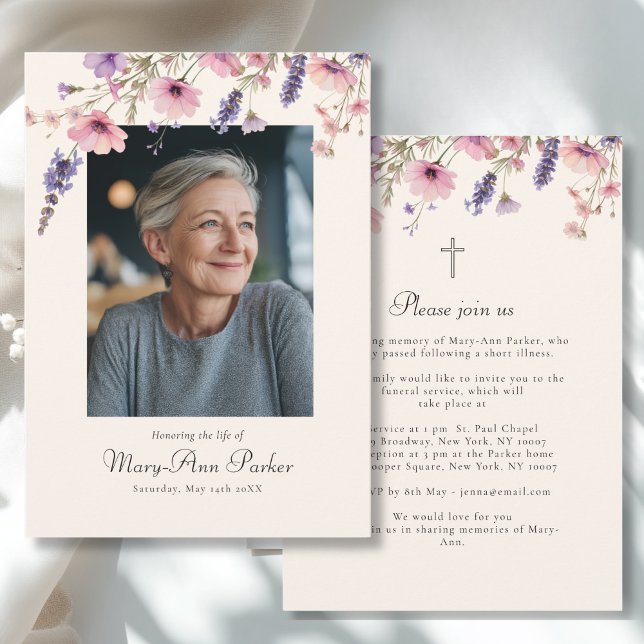 Wildflower "Celebration of Life" Photo Funeral  Einladung (Wildflower "Celebration of Life" Photo Funeral Beige Purple Pink Invitation)