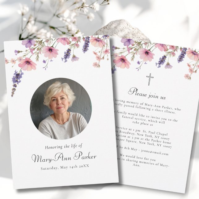Wildflower "Celebration of Life" Photo Funeral  Einladung (Wildflower "Celebration of Life" Photo Funeral Purple Pink Green White Invitation)