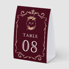 Wildflower Crest Burgundy Wedding Table Number Tischaufsteller