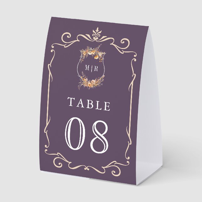 Wildflower Crest Dusty Purple Wedding Table Number Tischaufsteller (Vorderseite)