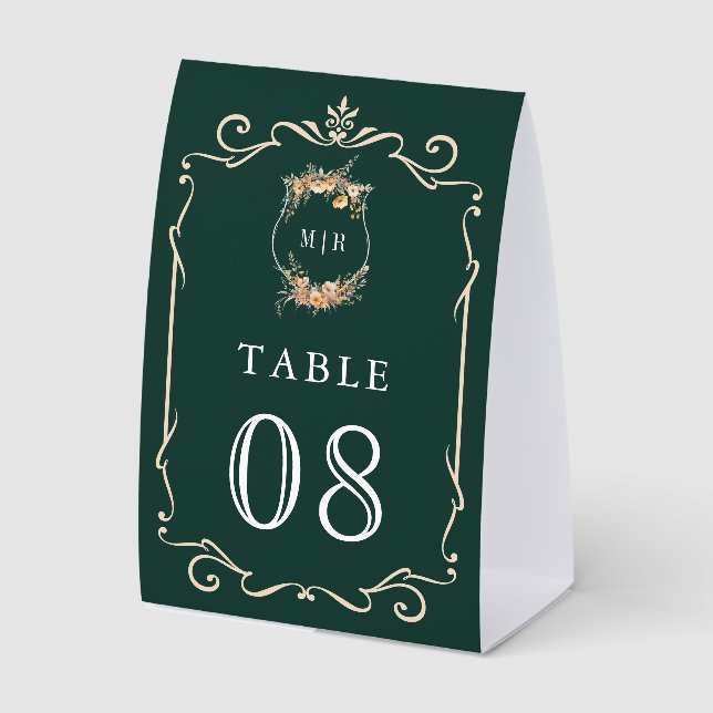 Wildflower Crest Emerald Wedding Table Number Tischaufsteller (Vorderseite)