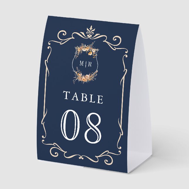 Wildflower Crest Navy Blue Wedding Table Number Tischaufsteller (Vorderseite)