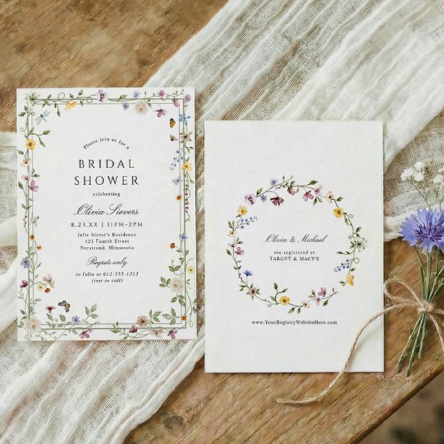 Wildflower Elegant Floral Garden Bridal Shower Einladung (Elegant wildflowers bridal shower invitation with watercolor flowers, botanical greenery, flowers)