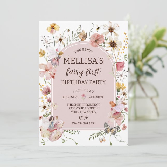 Wildflower Fairy 1st Birthday Princess Party Einladung (Stehend Vorderseite)