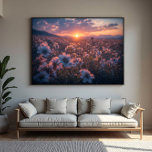 Wildflower Field Poster<br><div class="desc">Magical sunset with wildflowers bathed in golden light. Sky in shades of pink and purple with mountains in the background. Ethereal and romantic image ideal for decor and creative projects. Bring serenity and natural beauty to your space with this enchanting landscape.</div>