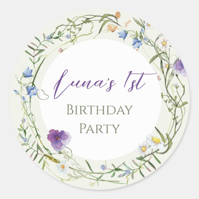 Wildflower First Birthday Runder Aufkleber (Vorderseite)