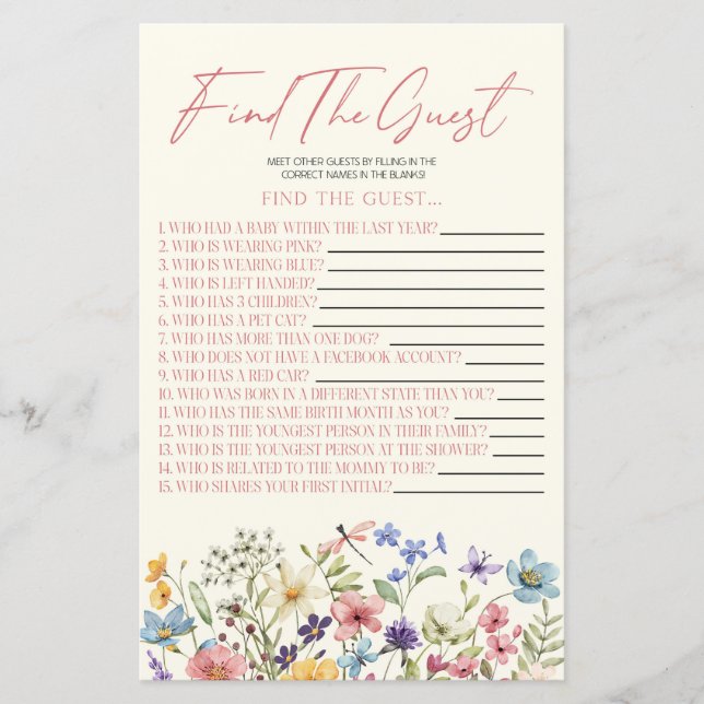 Wildflower Floral Find The Guest Baby Shower Game (Vorderseite)