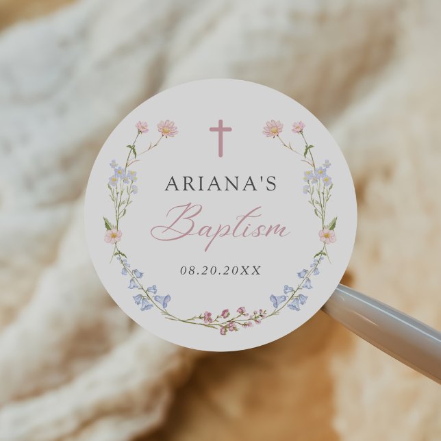 Wildflower Floral Girl Baptism Runder Aufkleber (Von Creator hochgeladen)