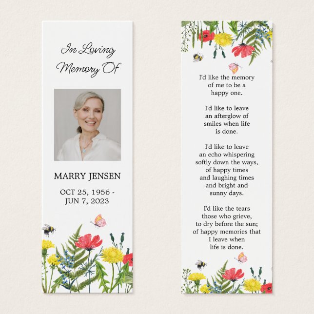 Wildflower Floral Photo Funeral Memorial Bookmark (Devant & derrière)