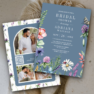 Wildflower-Foto-QR-Code Dusty Blue Brautparty Einladung