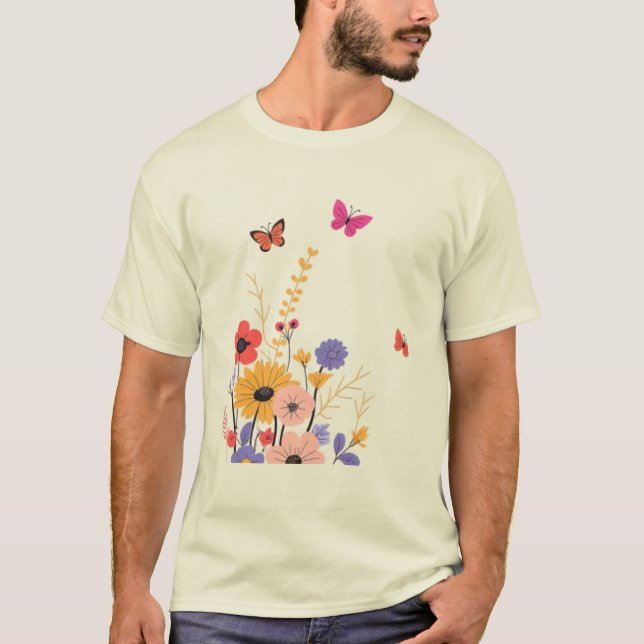 Wildflower Garden & Butterflies Folk Art  T-Shirt (Vorderseite)