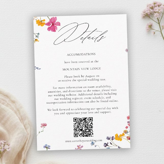 Wildflower Garden Elegant QR Code Wedding Details Begleitkarte (wildflower wedding details qr watercolor garden backyard barn summer spring elegant white)