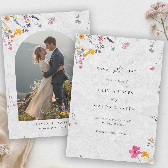 Wildflower Garden Modern Ivory Arch Photo Wedding Save The Date (wildflower wedding photo save the date watercolor garden backyard barn summer spring ivory arch)