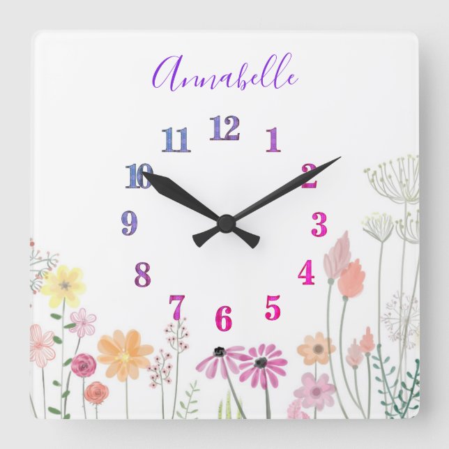 Wildflower Garden | Personalized  Quadratische Wanduhr (Vorderseite)