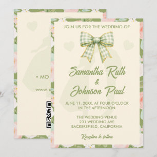 Wildflower-Grün-Gingham-Schleife QR-Code-Hochzeit Einladung
