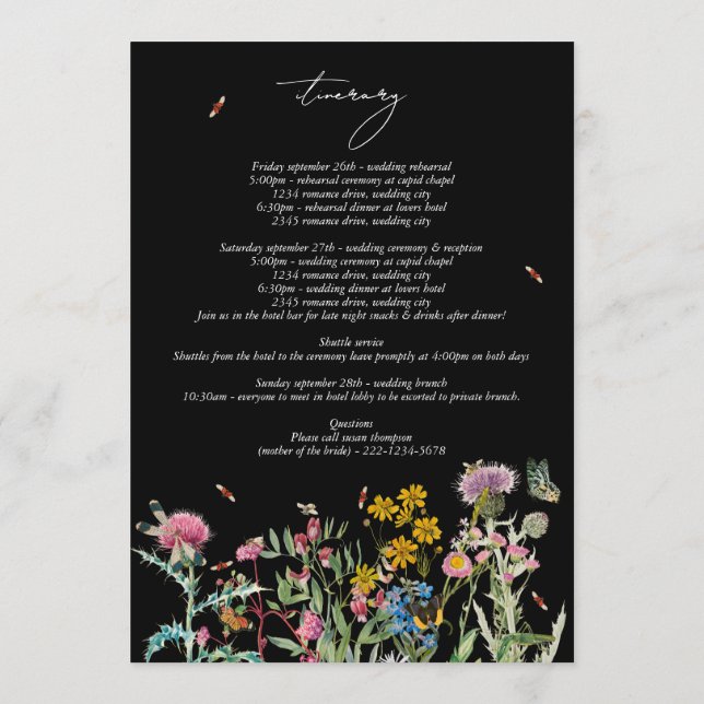Wildflower-Hochzeits-Itinerary-Programm Schwarz Bo Programm (Rückseite)