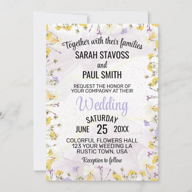Wildflower Lavender and Yellow Floral wedding Einladung (Vorderseite)