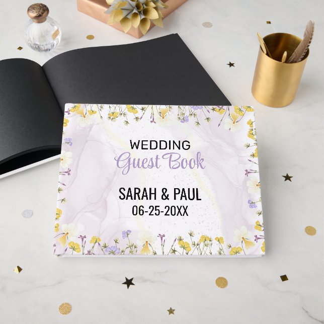 Wildflower Lavender And Yellow Floral Wedding Gästebuch (Vorderseite Offen)
