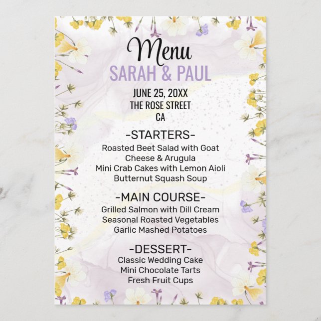 Wildflower Lavender and Yellow Floral Wedding Menükarte (Vorderseite)