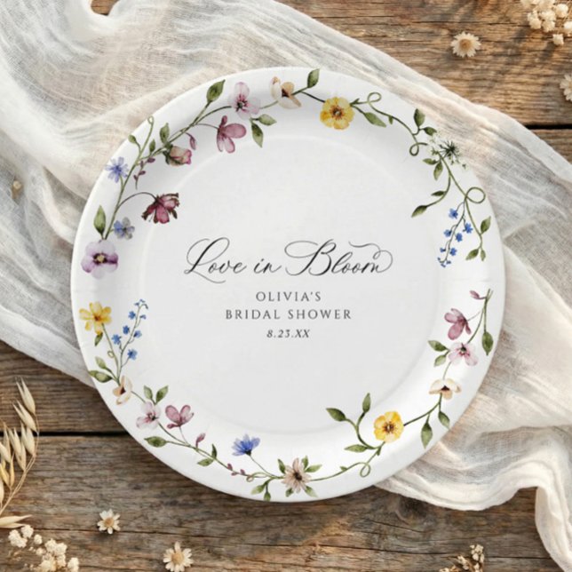 Wildflower Love in Bloom Floral Bridal Shower Pappteller (Personalized bridal shower paper plates with love is in bloom script and watercolor wildflowers)