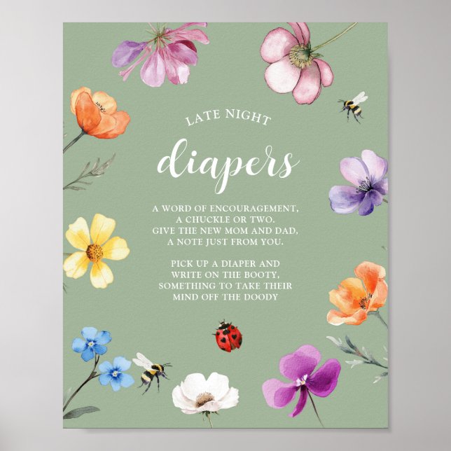 Wildflower Lovebug Baby Shower Späte Windeln Poste Poster (Vorne)