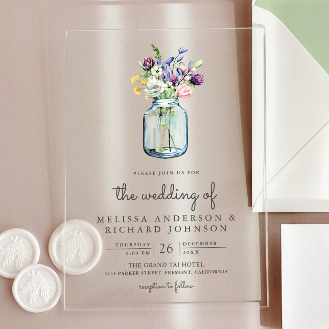 Wildflower Mason Jar Wedding Acryleinladungen (Von Creator hochgeladen)