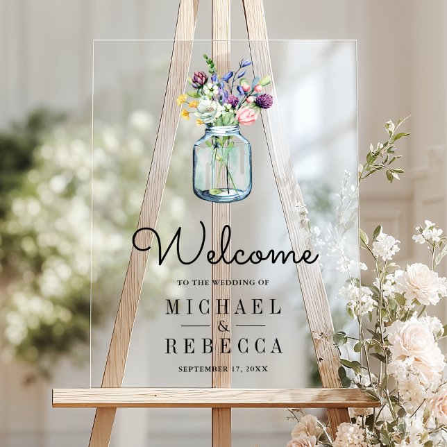 Wildflower Mason Jar Wedding Welcome Acrylschild (Von Creator hochgeladen)