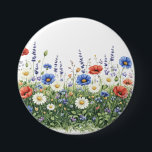 Wildflower meadow botanical garden flowers button<br><div class="desc">Natural wildflower meadow with delicate botanical blossoms. A colorful mix of meadow flowers and daisies creates a lively spring nature scene inspired by blooming fields.</div>