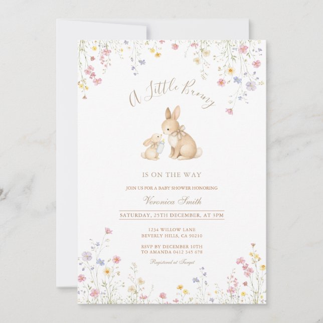 Wildflower Meadow Bunny Baby Shower Einladung (Vorderseite)