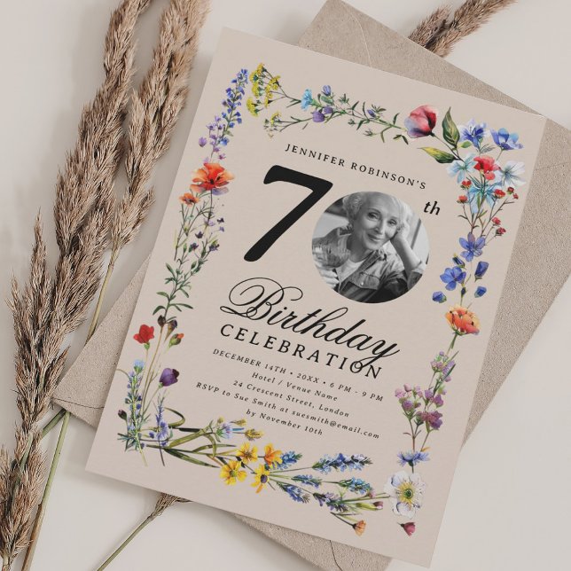 Wildflower Meadow Photo 70th Birthday Champagne  Einladung (Wildflower Meadow Photo 70th Birthday Champagne Invitation)