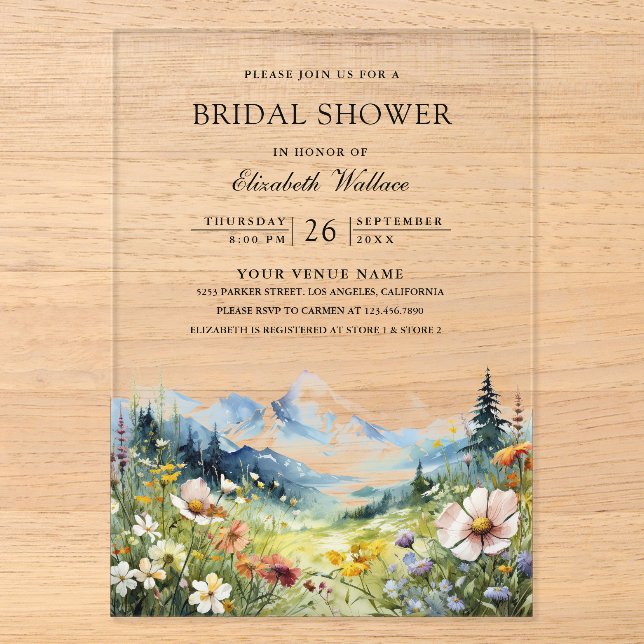 Wildflower Mountain Meadow Bridal Shower Acryleinladungen (Vorderseite)