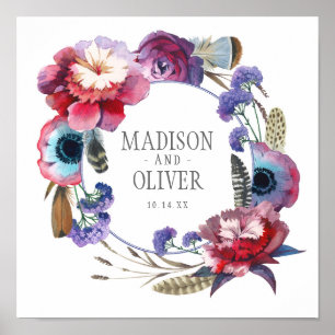 Wildflower Peony Floral with Feathers Wedding Poster