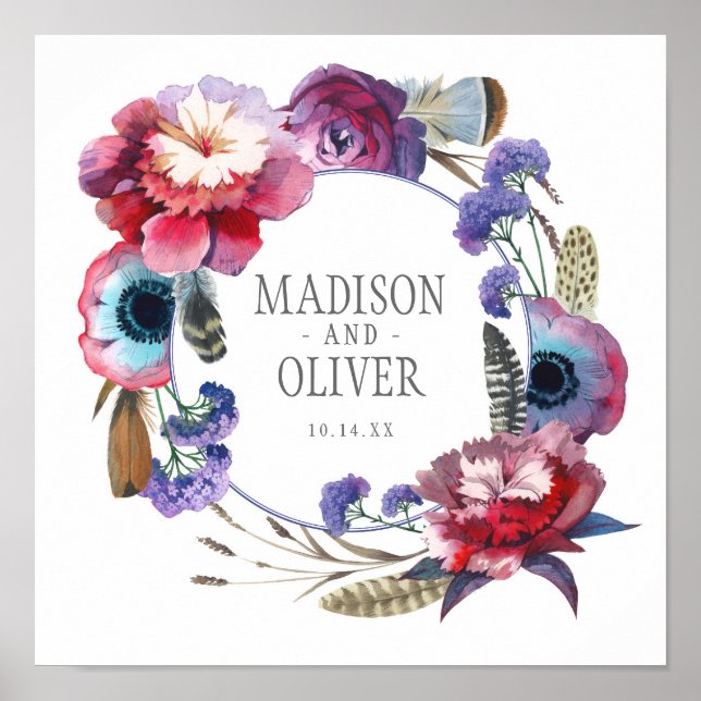 Wildflower Peony Floral with Feathers | Wedding Poster (Vorne)