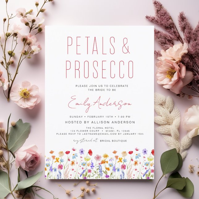 Wildflower Petals & Prosecco Bridal Shower  Einladung (Von Creator hochgeladen)