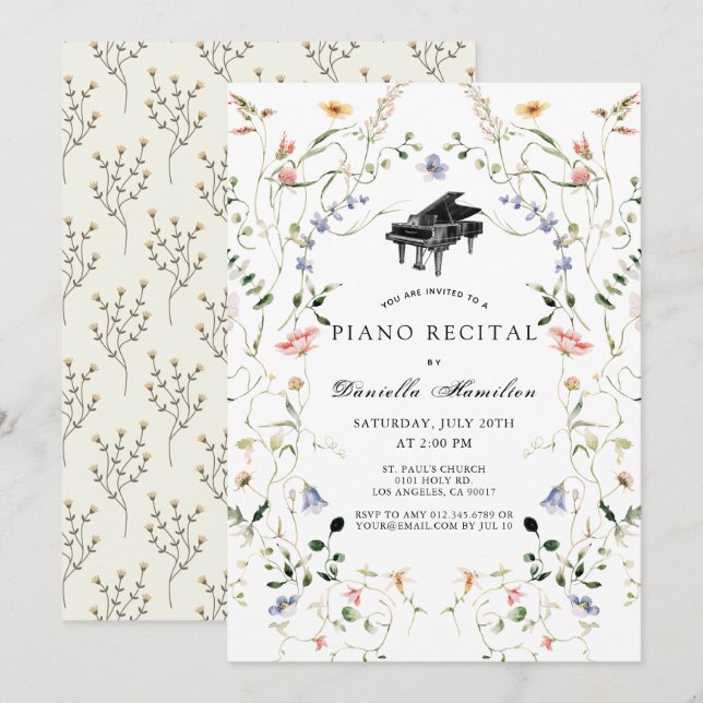 Wildflower Piano White Recital Invitation (Devant / Derrière)