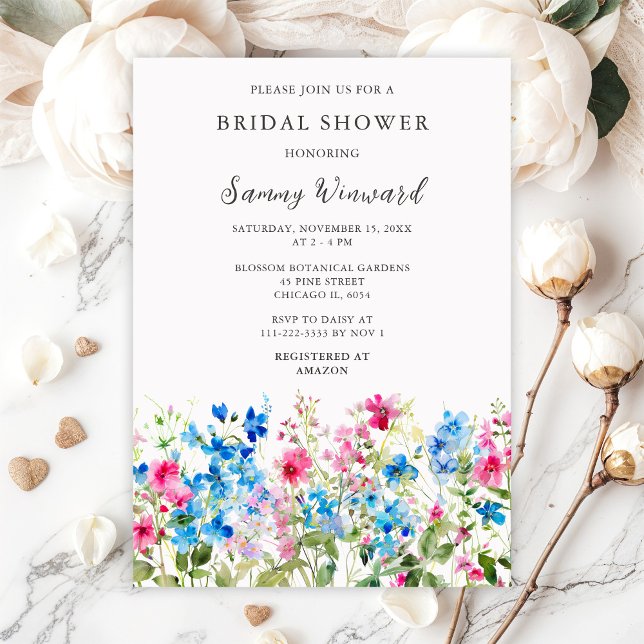 Wildflower Pink and Blue Floral Bridal Shower Einladung (Von Creator hochgeladen)