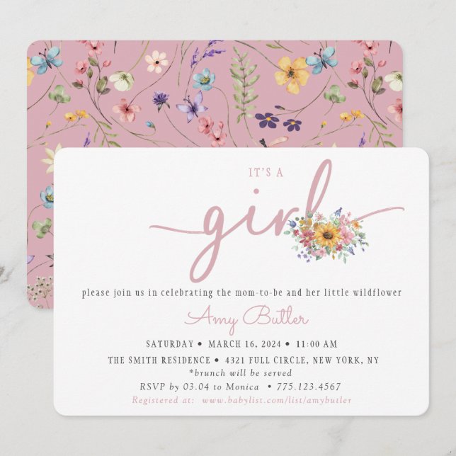 Wildflower Pink Baby Shower Invitation (Devant / Derrière)