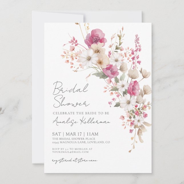 Wildflower Pink Floral Bridal Shower Einladung (Vorderseite)
