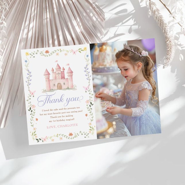 Wildflower Princess Castle 1st Birthday Photo Dankeskarte (Von Creator hochgeladen)