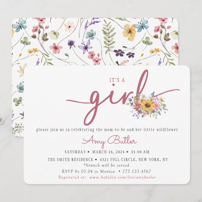 Wildflower & Rose Baby Shower Invitation Einladung (Vorne/Hinten)