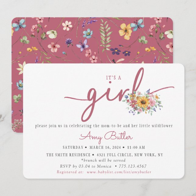 Wildflower & Rose Baby Shower Invitation Einladung (Vorne/Hinten)