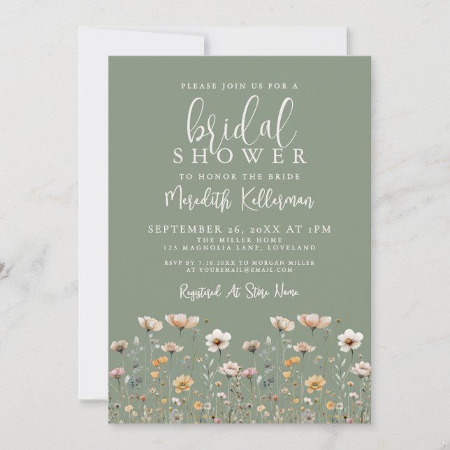 Wildflower Sage Green Bridal Shower Einladung (Vorderseite)