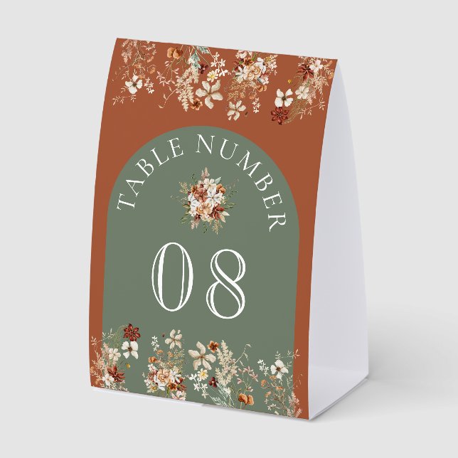 Wildflower Sage Green Wedding Table Number Tischaufsteller (Vorderseite)
