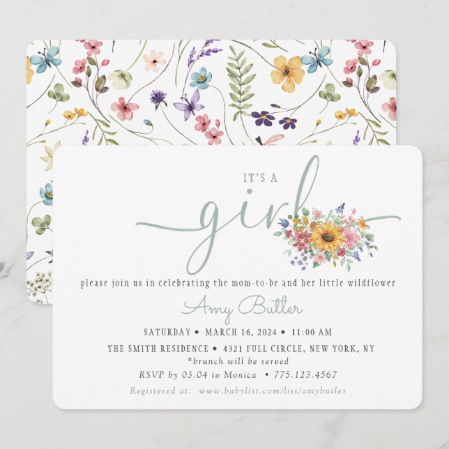 Wildflower Solid Green Shower Book Invitation (Devant / Derrière)