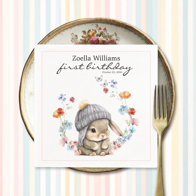 Wildflower Sweet Bunny 1st Birthday Party Napkin Serviette (Wildflower Sweet Bunny 1st Birthday Party Napkin 2)
